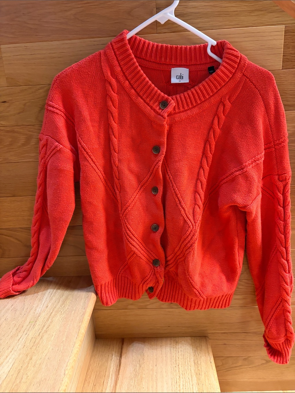 CAbi Coral-Red Cable Knit Button-Front Cardigan